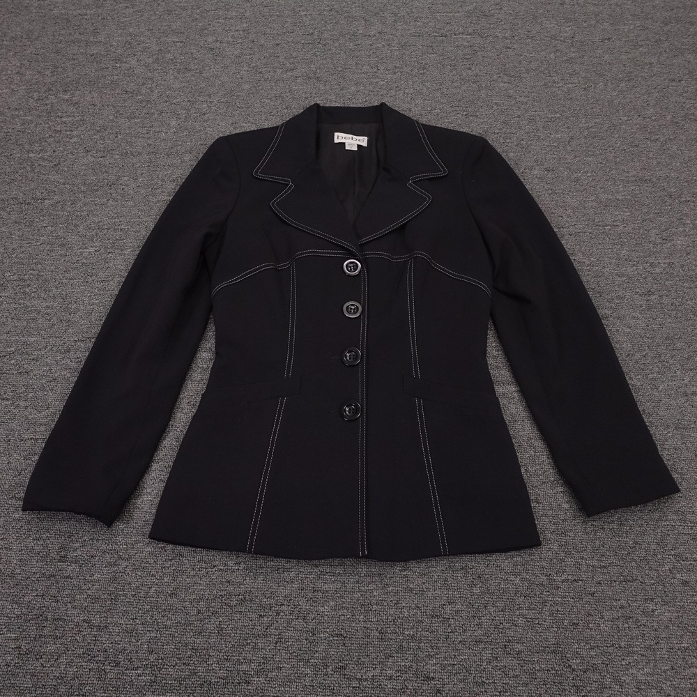 Vintage Bebe Blazer Womens 0 Black Contrast Stitch Fitted Lined Made USA 90s Y2K